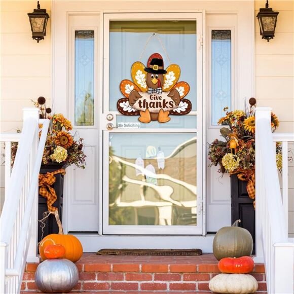 Thanksgiving Give Thanks Turkey Front Door Sign, Fall Wooden Thankful Wreath - Picture 7 of 8